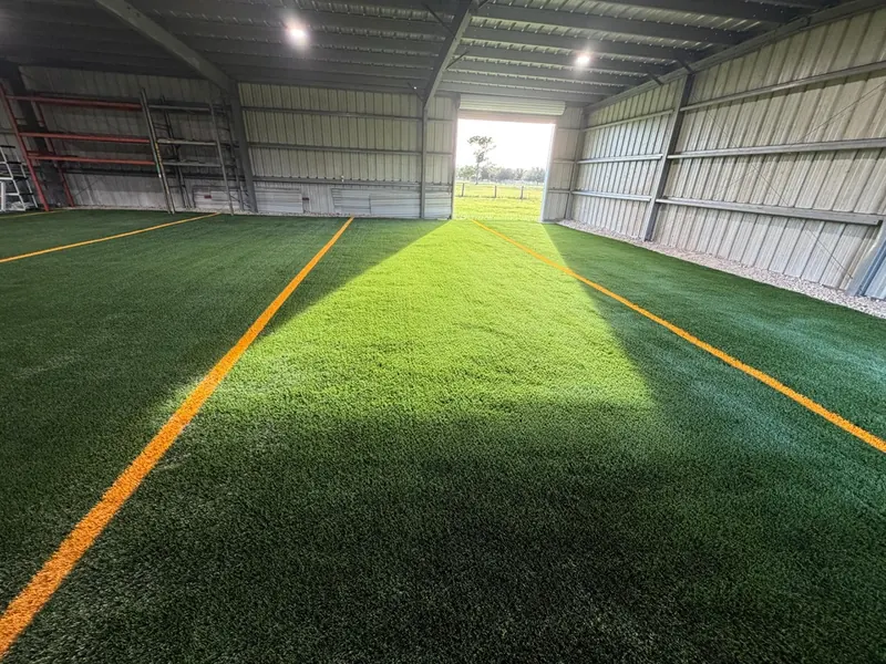 Sunlight across inlaid orange training lines on indoor sports turf