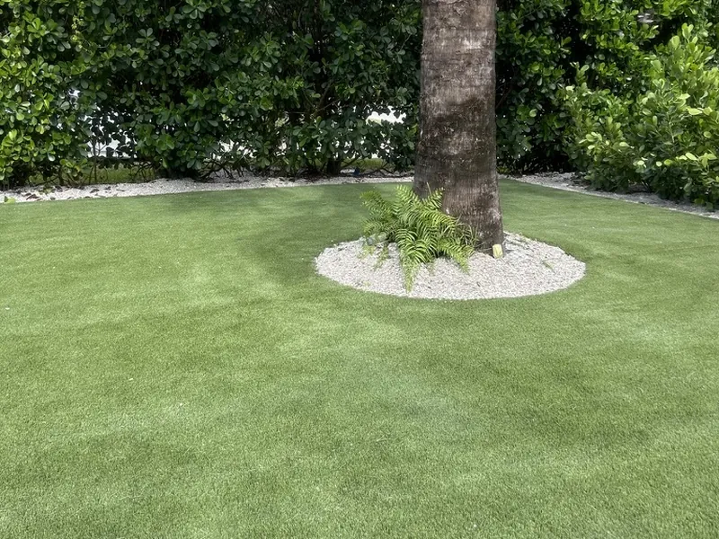 Artificial grass around a palm with shell rock ring in Naples