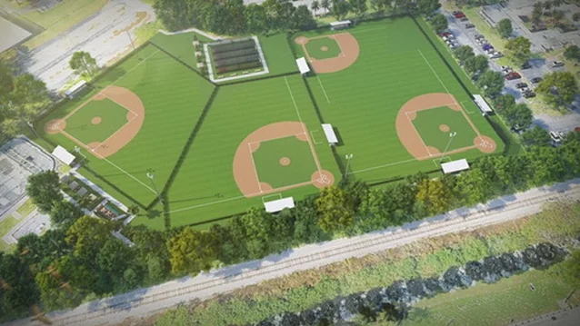Aerial design rendering of a multi-field PONY baseball complex with turf infields and outfields