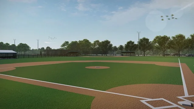 Design rendering of a turf baseball field from home plate with inlaid batter boxes