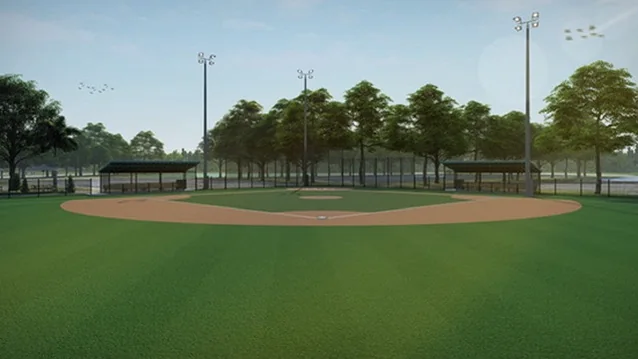 Design rendering of a turf baseball infield viewed from the outfield