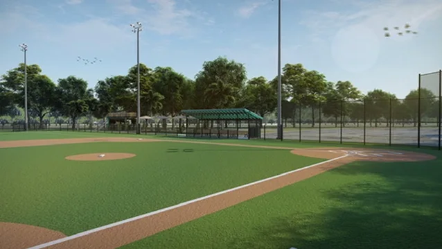 Design rendering of a turf baseball field third base line and covered dugout