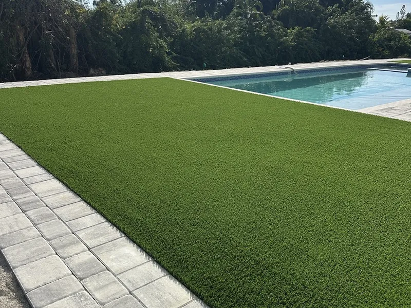 Artificial grass lawn beside a pool with paver border in Fort Myers
