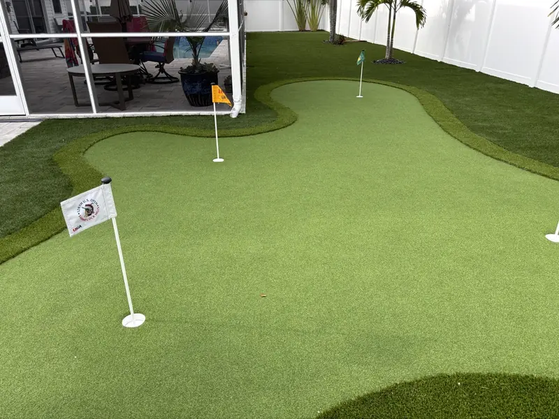 Backyard putting green next to a pool cage