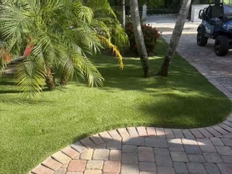 Artificial grass framed by a brick paver border