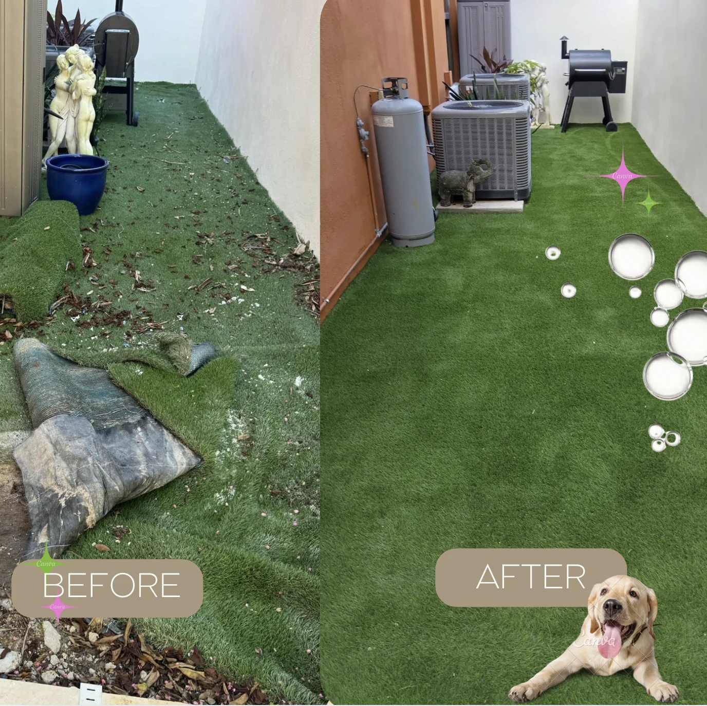 Before and after artificial turf repair and cleaning in a side yard by Creative Grounds